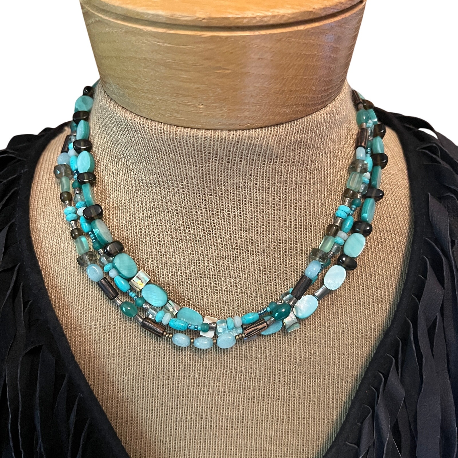 Silpada 925 Silver Multi Strand Gemstone Necklace Shell Wood Glass Adjustable